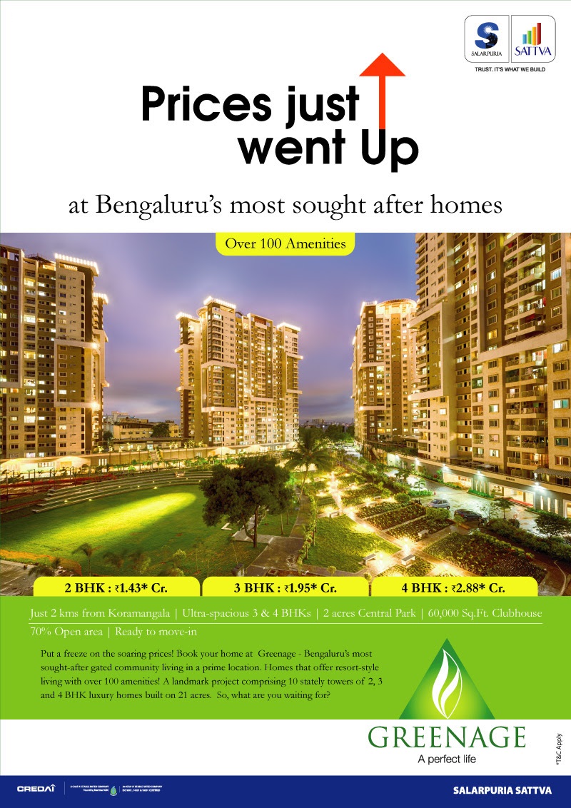 Book ready to move ultra spacious 3 & 4 BHK homes at Salarpuria Sattva Greenage in Bangalore